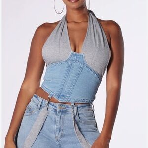 AKIRA Gray and Blue Denim Halter Crop Top